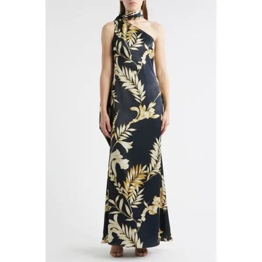 Vince Camuto Draped Neck Single Shoulder Black Satin Gown Dress  Sz 14  $248